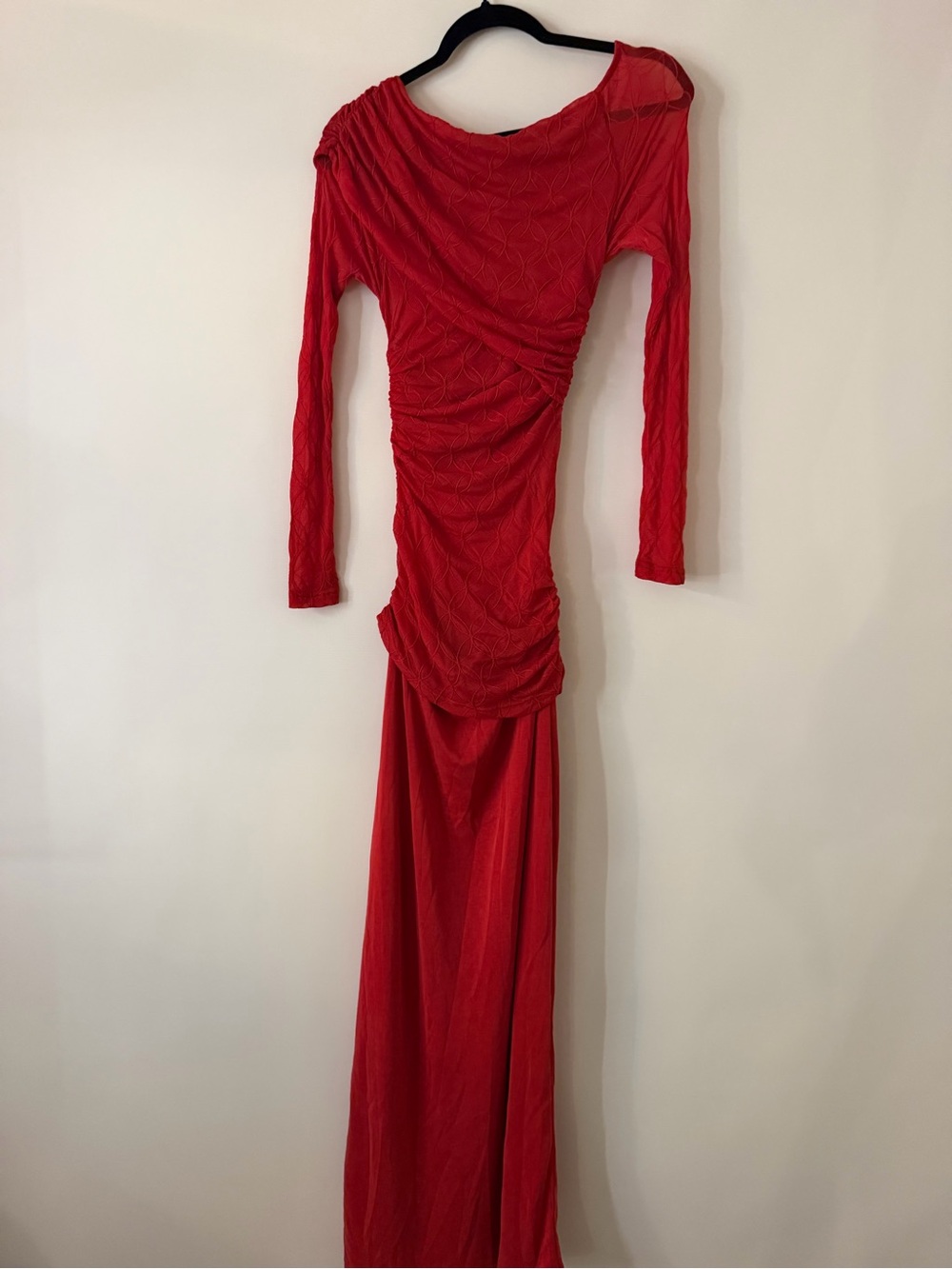 Asymmetrical Red Ruched Long Sleeve Maxi Dress - Picture 7 of 8